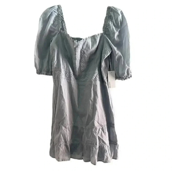 Reformation Paxton Puff Sleeve Lace Embroidered Mini Dress in Blue B004 - Picture 2 of 5